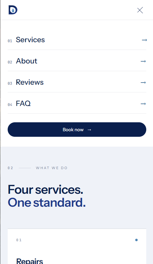 Dravix Plumbing, full-screen menu