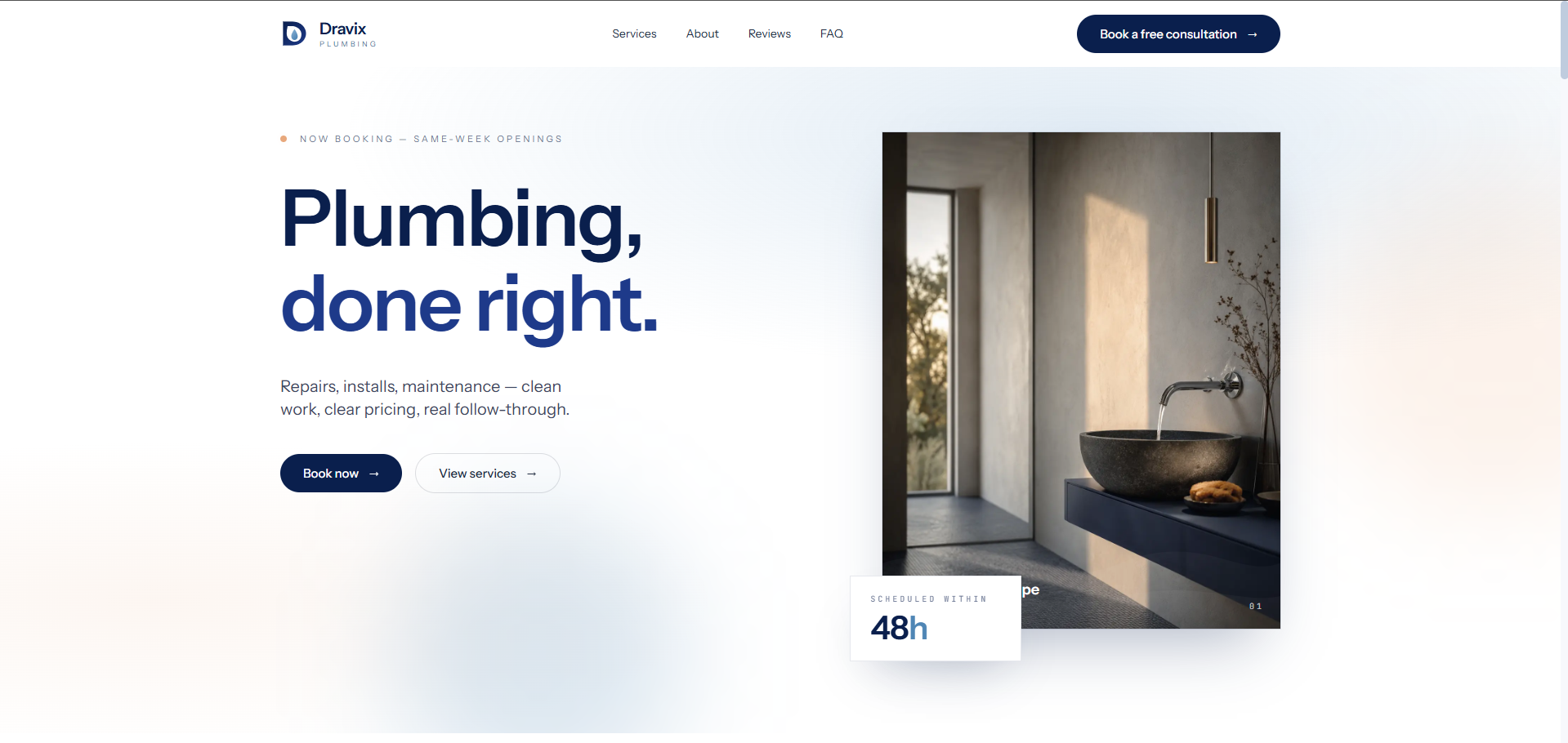 Wide screenshot of a minimal plumbing homepage with a calm bathroom image