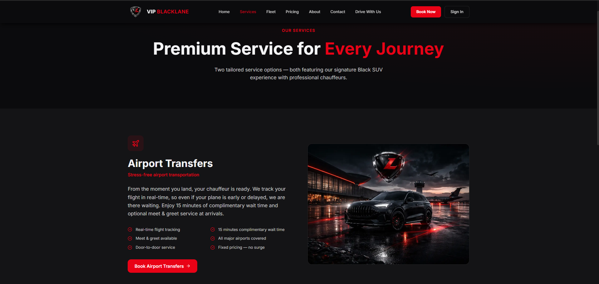 Premium service section detailing airport transfers with flight tracking benefits