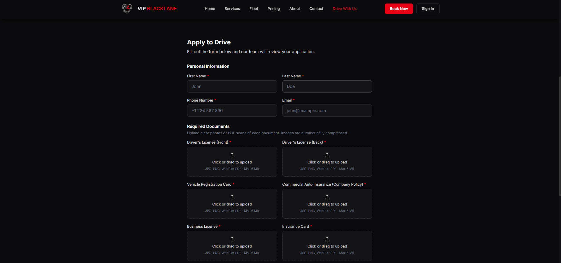 Driver application portal with personal information fields and document upload tiles
