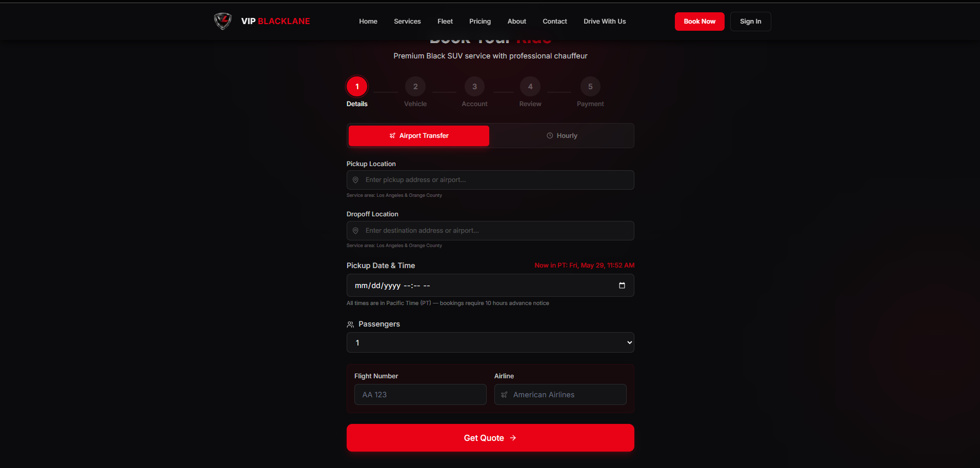 Multi-step booking form with airport transfer mode, pickup details, and a get-quote CTA