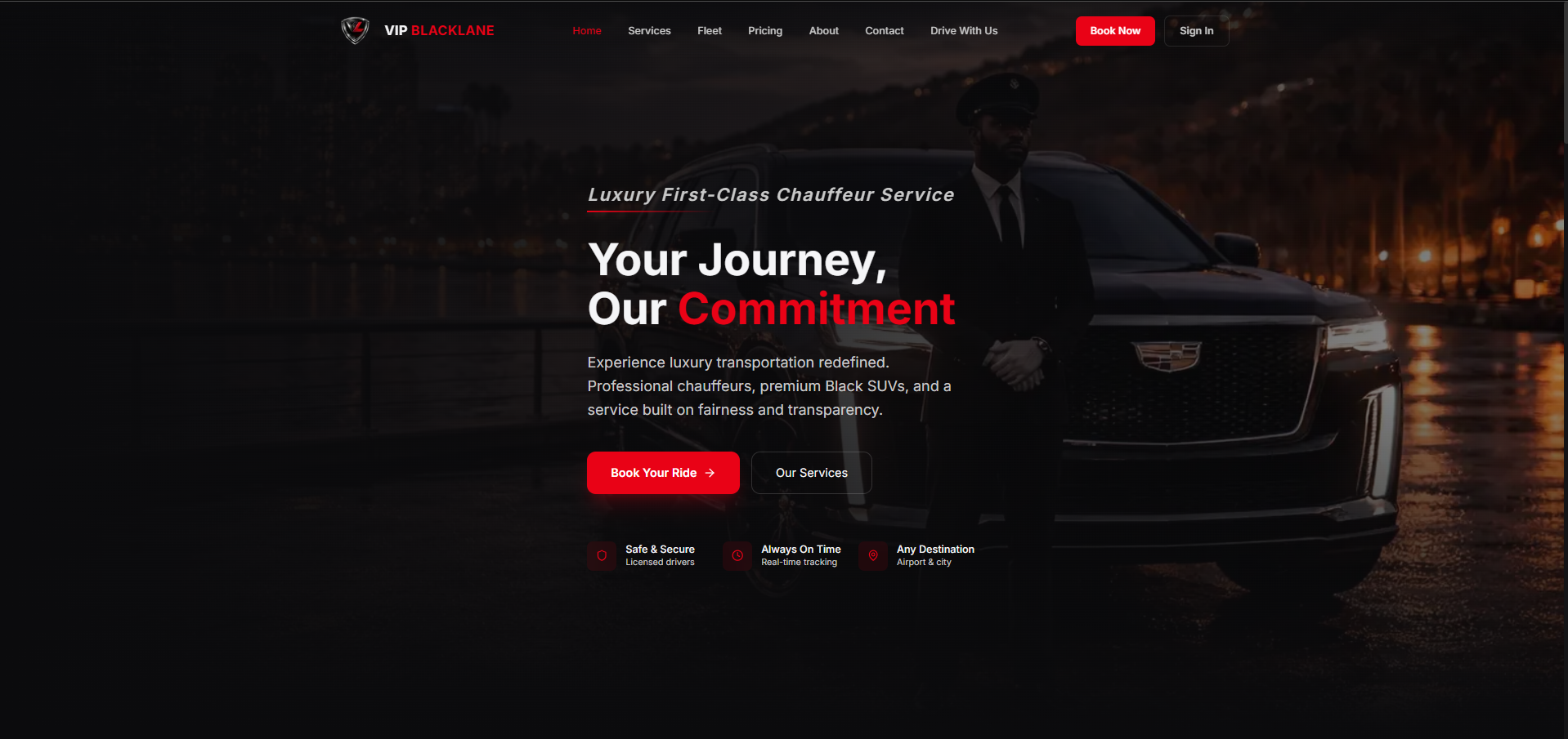 Dark luxury chauffeur homepage with a night-lit Black SUV and a red book-now CTA